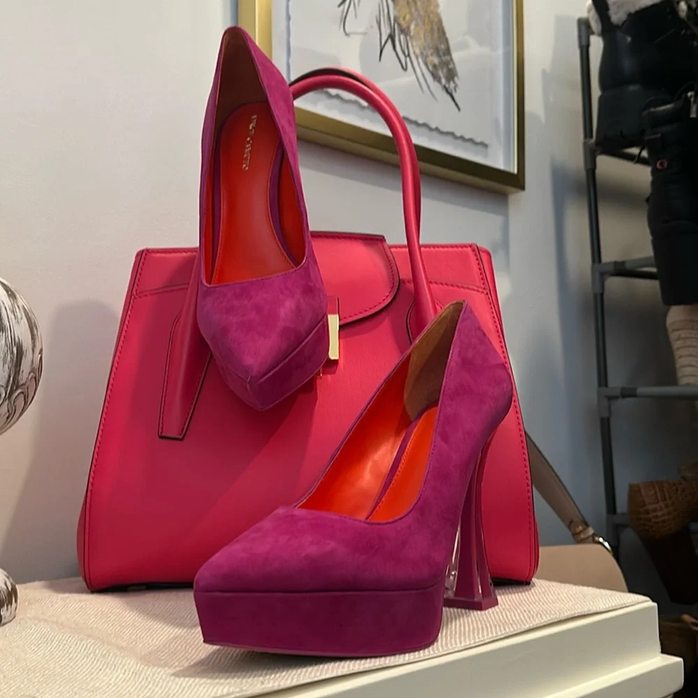 Vince Camuto Slaytia Lucite Platforms in Fuchsia Suede, Size 10
